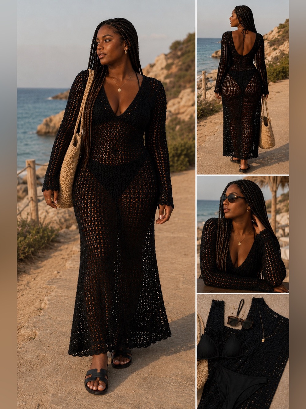 Black Open-Knit Long Sleeve V-Neck Dress